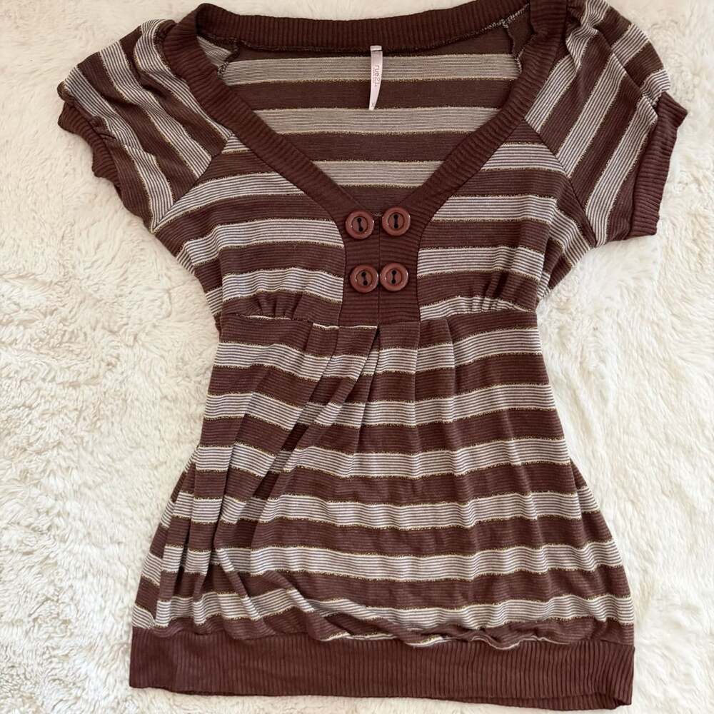 Rue21 Brown Striped Short Sleeve V-Neck Babydoll Top with Buttons Size XL